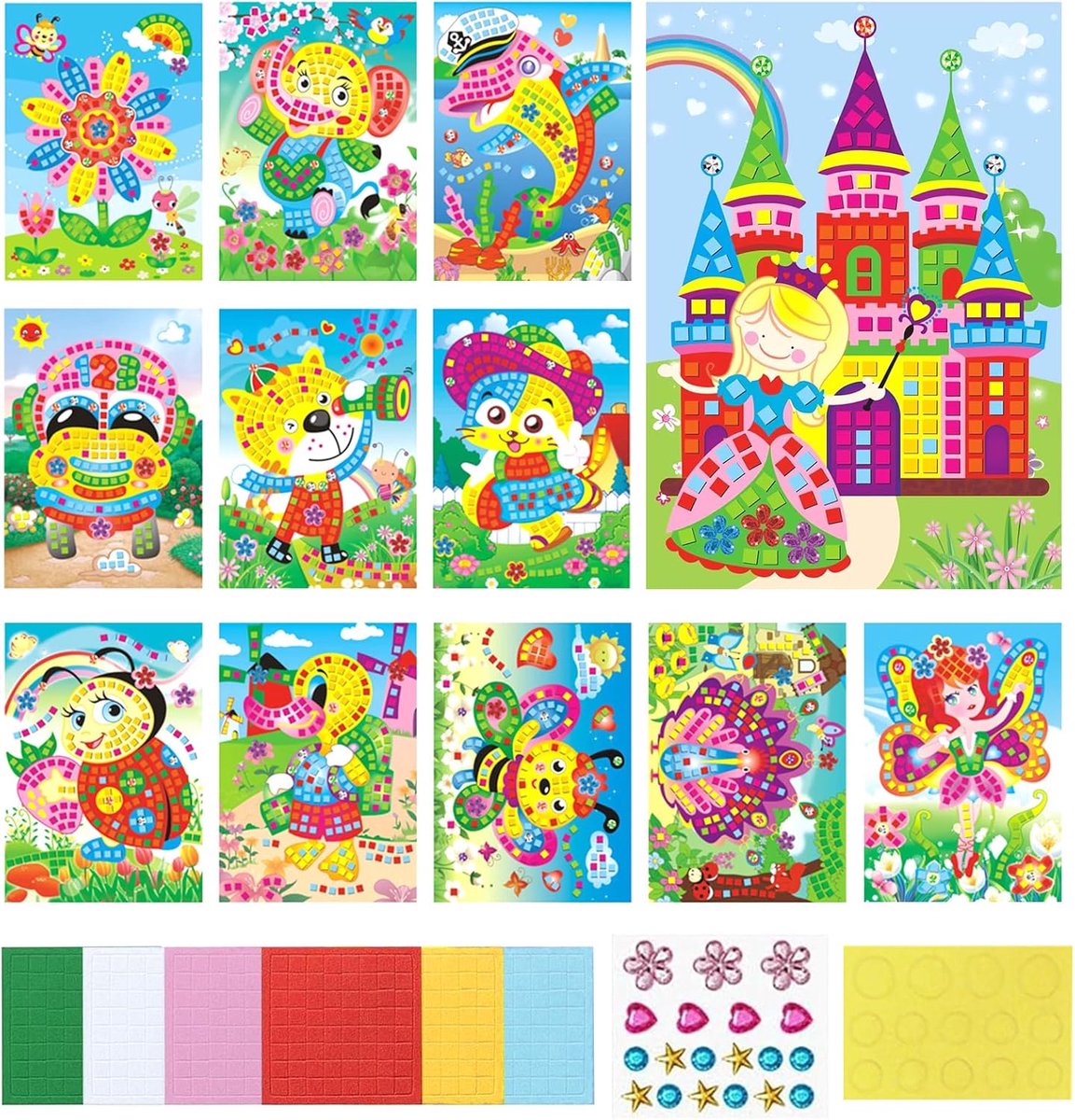 12 stuks Mozaïek Knutselset voor Kinderen Sticky Mosaics voor Meisjes Jongens DIY Knutselen Cadeaus voor Kinderverjaardagen Cadeau Feestje Activiteit