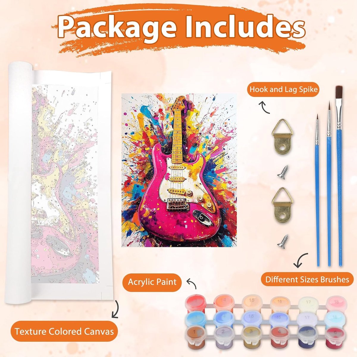 Kleurrijke gitaarverf op nummer voor volwassenen, schilderen op nummer canvas kits met acrylverfborstels, doe-het-zelf ambachtelijke olieverfschilderij kunstkits voor volwassenen, woondecoratie