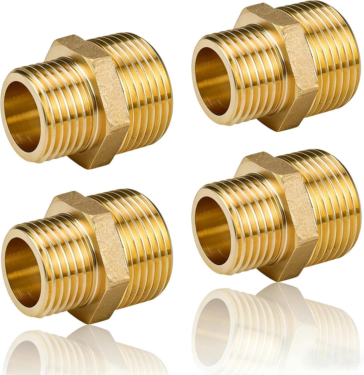 4 stuks messing verloopnippel, schroefdraadfitting, adapter 3/4 inch naar 1/2 inch, compact en licht, verloopnippel voor het aansluiten van water, gas en andere leidingen (goud)