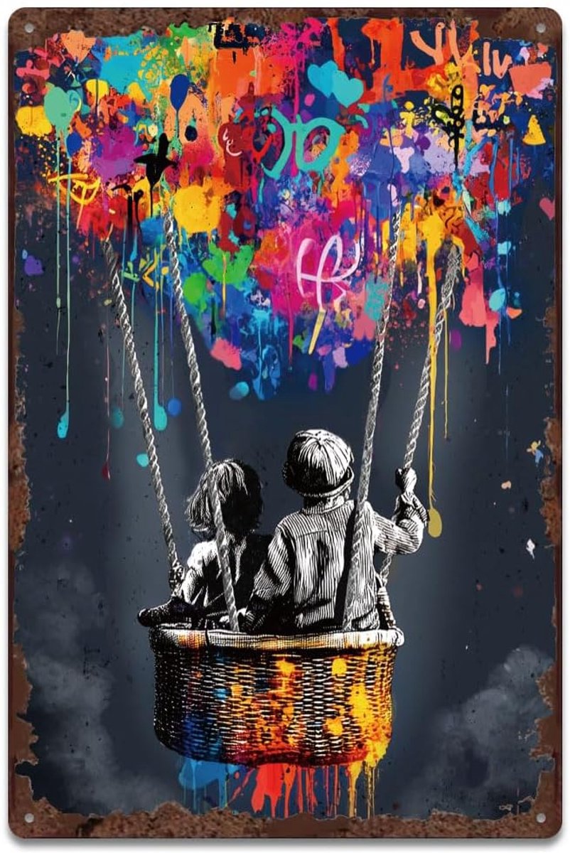 Banksy Street graffiti tinnen borden hete luchtballon metalen bord poster vintage muurkunst plaquette thuis wanddecoratie voor woonkamer slaapkamer man grot garage badkamer bar decoratie