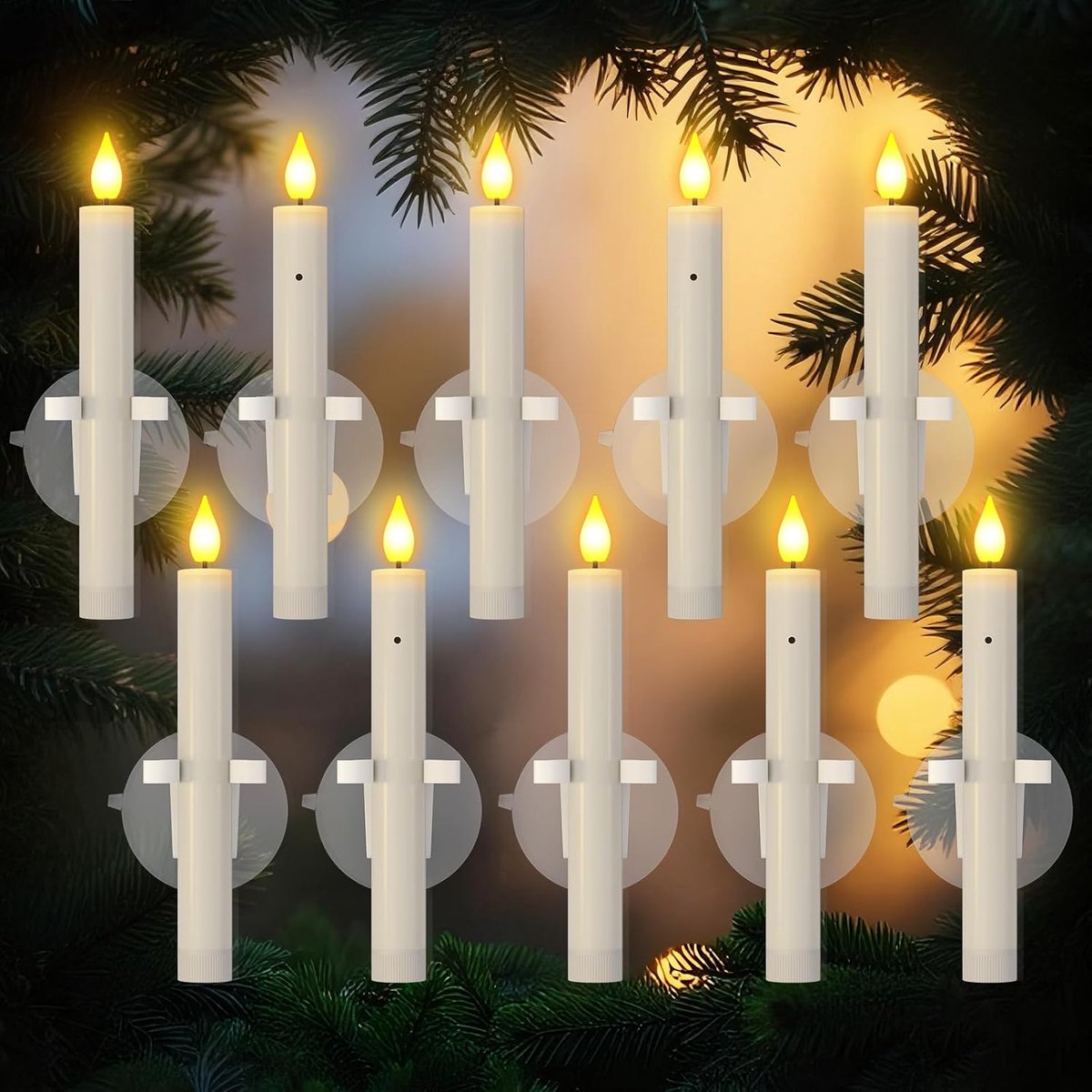 LED-lampen met schemersensor en zuignappen, set van 10 elektrische vlamloze lampen die flikkeren met schemersensor voor raam- en haardtafeldecoratie, Halloween, Kerstmis