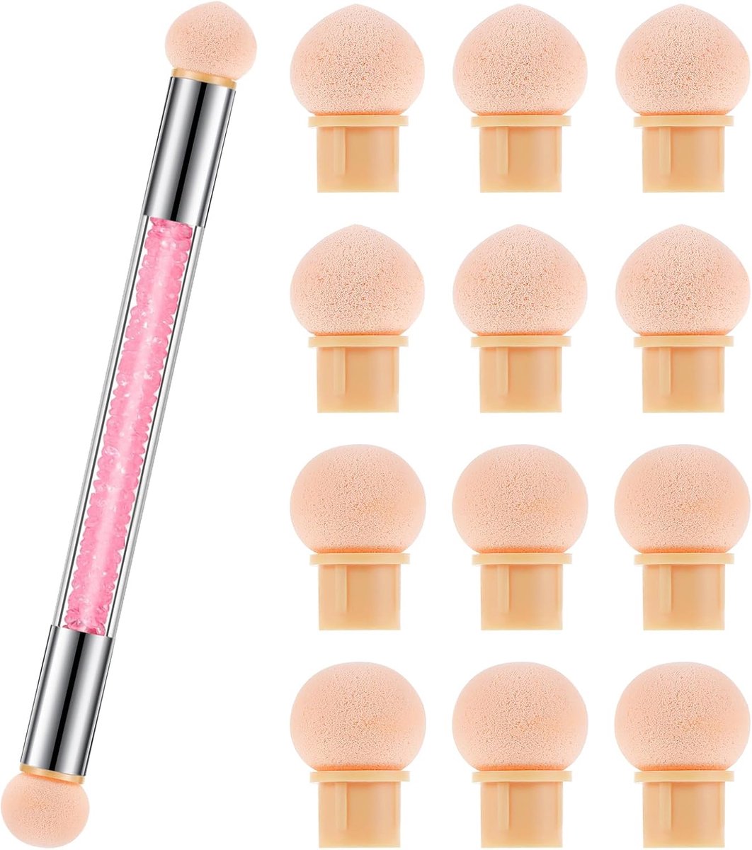 sponsnagelkwast, babyborstel, dubbelzijdige ronde spons en sponskwast voor nail art, ombré-effect, met 12 vervangende koppen voor UV-gel en kunstnagels