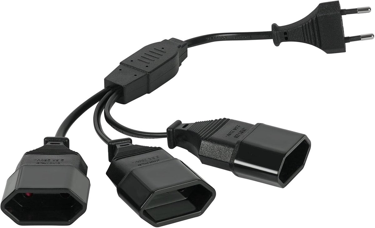 Stroomkabelverlenging, 3-in-1 Euro verlengkabel, eurostekker, euronetsnoer, Euro CEE 7/16 stekker, verlengkabel, type C-stekker voor tv, pc, computer, monitor (zwart, 1 stuks)