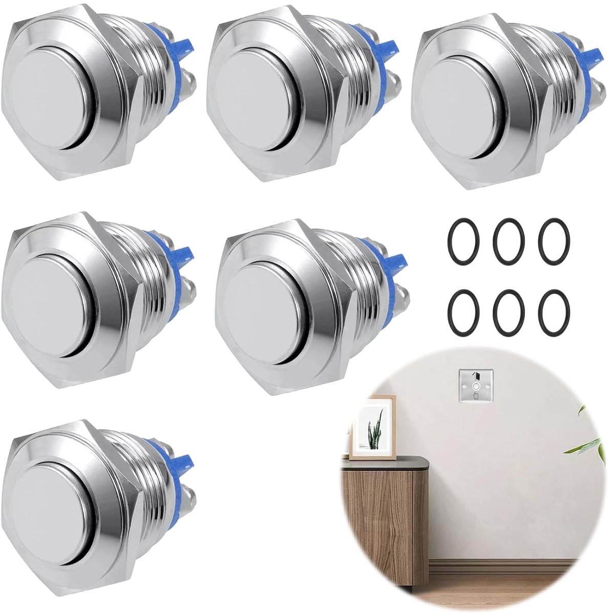 Drukknopjes, 6 stuks, 16 mm, waterdicht, momentary drukknop rond, IP67 waterdichte drukschakelaar, 250 V, 220 V, AC 12 V, 24 V, 36 V, DC 3 A, auto-toestelknop, schakelaar, SPST-schroefklem