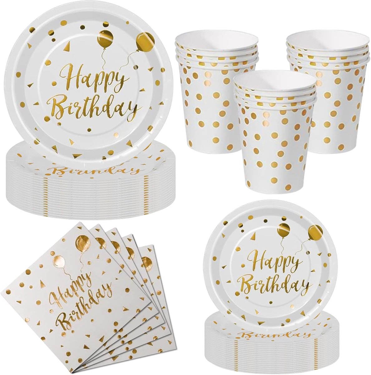 Feest Servies voor Kinderfeestjes, 50-Delige Witgouden Verjaardagsservies Set van Karton - met Wegwerp Kartonnen Borden, Servetten en Bekers - Wegwerpservies voor Verjaardagsdecoratie
