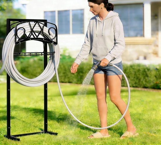 tuinslangorganizer met zwarte gepoedercoate afwerking - Heavy-Duty afneembare slangstandaard voor 150FT slang, inclusief opbergmand en montagegereedschap voor buitengebruik — afbeelding 4