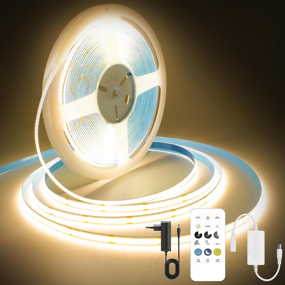 LED Strip 10m, 24V Warm White 3000K, APP Dimbare COB Strip met CRI90+, 8mm Breedte met Afstandsbediening en Voeding voor Slaapkamer, Keuken en Decoratie.