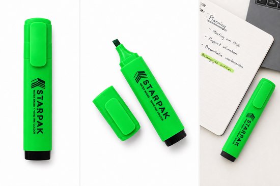 Surligneur STARPAK vert avec capuchon noir et texte argenté. À base d'eau, couleur d'encre vive.
