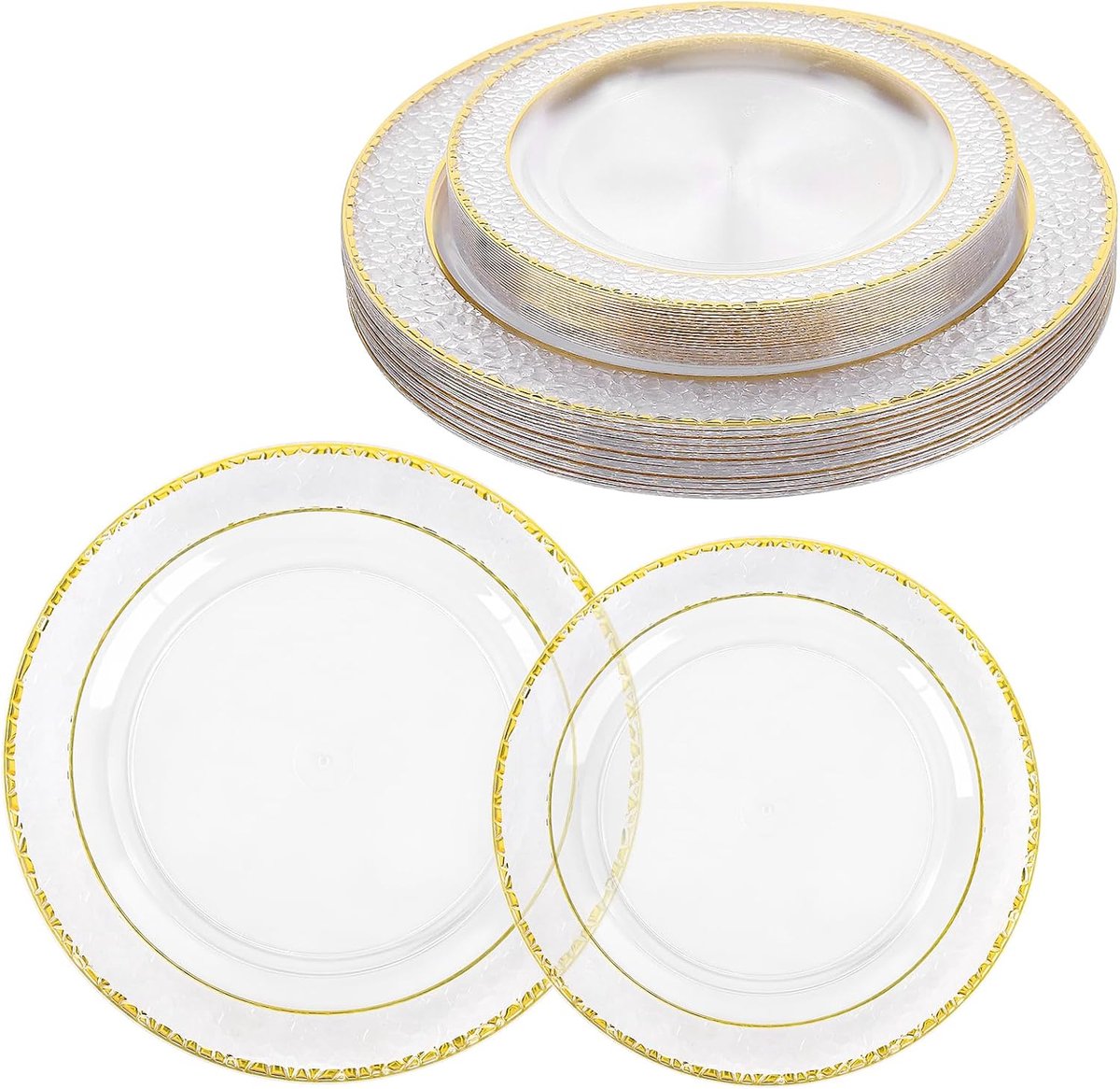 40 stuks plastic borden met gouden rand, 19 cm en 26 cm, transparant, elegante kunststof borden, herbruikbaar voor bruiloft, feest, herbruikbaar servies