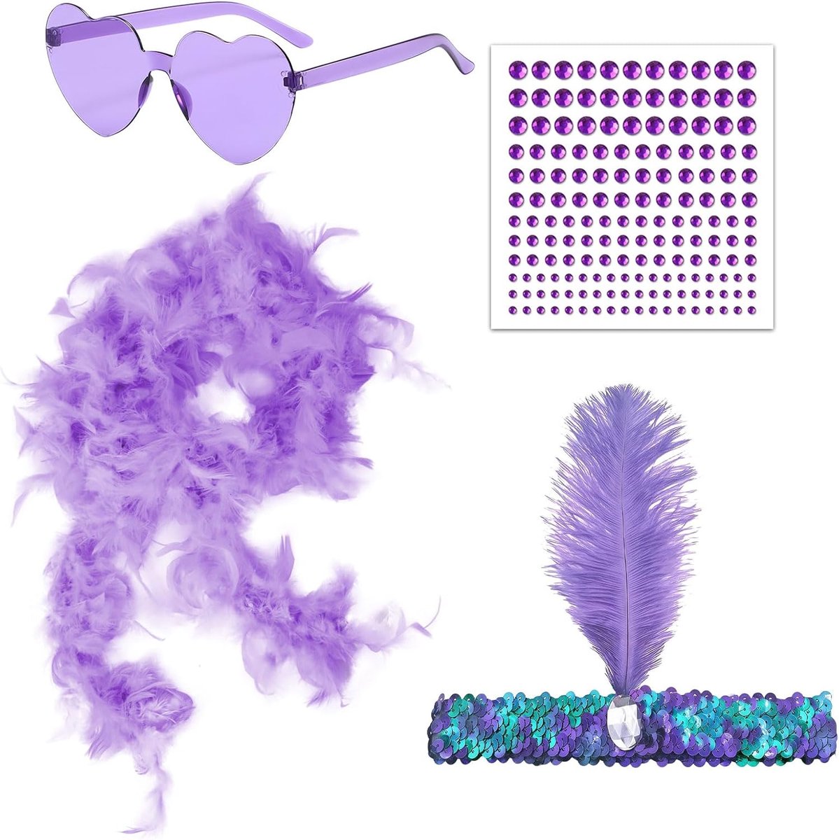 Veren boa, hart randloze zonnebril, gezichts-strass en boa haarband, ambachten pluizige veren boa, geschikt voor dames Halloween, Kerstmis, cosplay