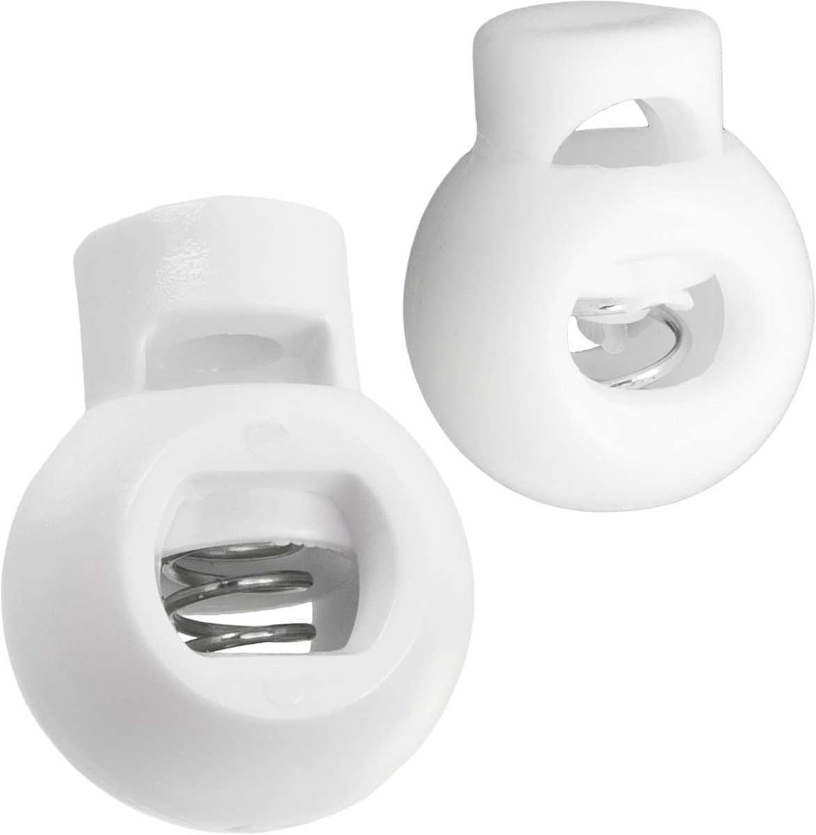 - Set van 12 ronde koordstoppers 15 mm en 18 mm met 1 gat en veer - kleur wit - van kunststof - hobby's anorak kleding
