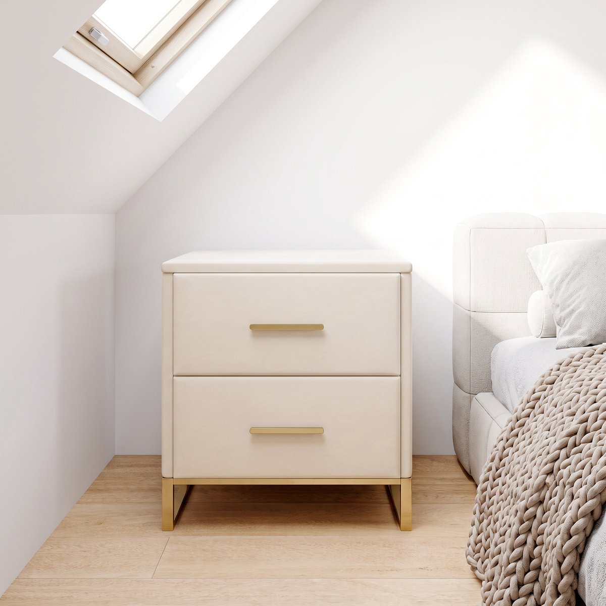 Nachtkastje 2 Lades Handgrepen, Geschikt voor Slaapkamer, Woonkamer, Opbergtafel, met Zachte Fluwelen Bekleding, Beige, 35,5x41x51cm