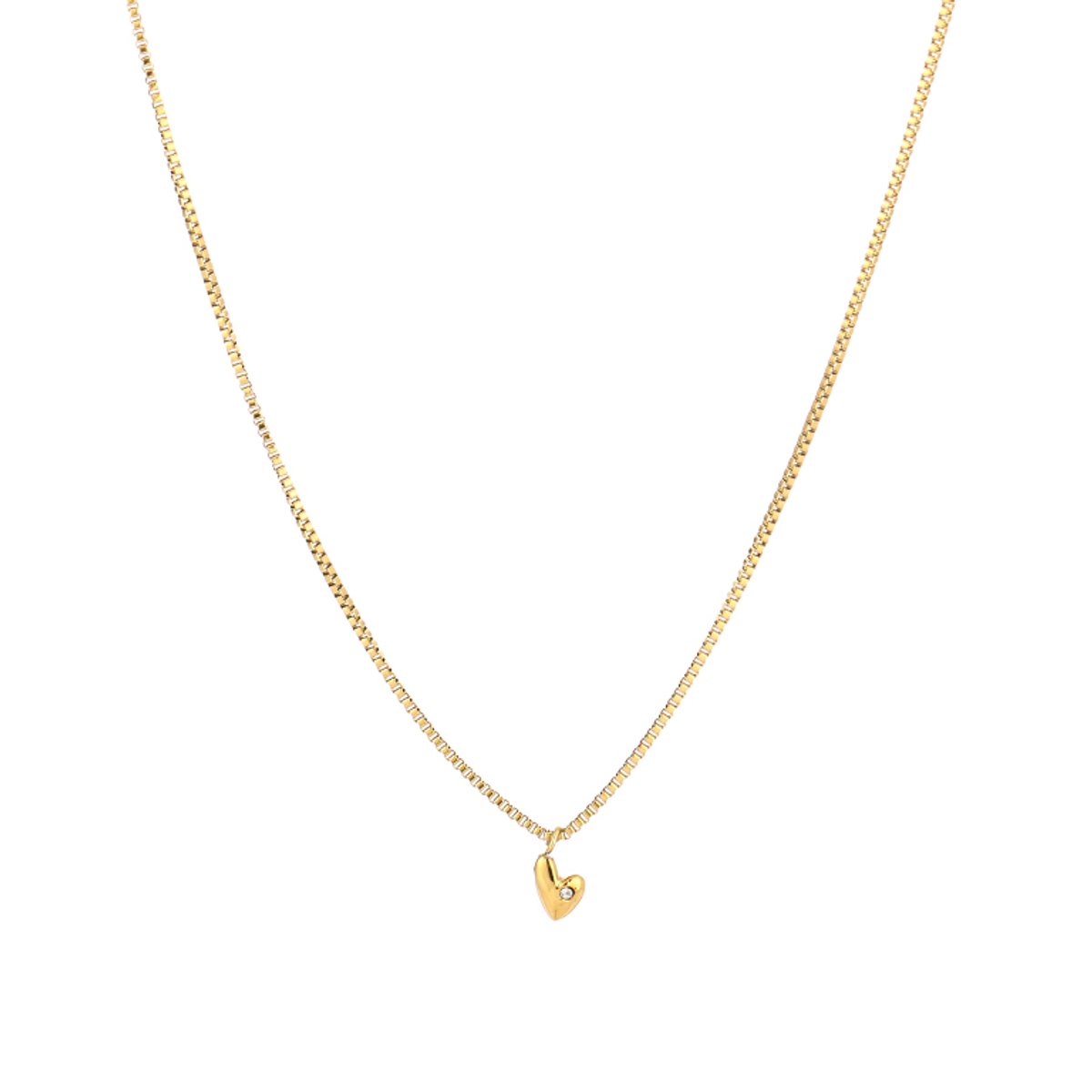 Puffed Heart Zirconia Gem Box Chain Necklace – Luxe Hart Ketting met Zirkonia – RVS - Goud