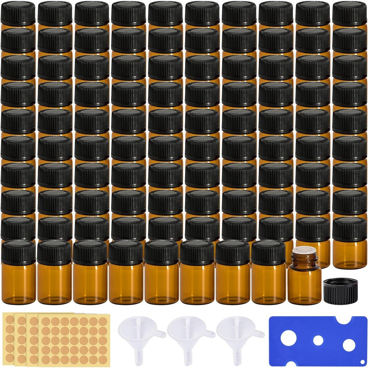 Mini-flessen voor etherische oliën, 100 stuks, 2 ml, bruine lege glazen flessen, flesjes voor etherische oliën, mini-glazen flessen met trechter en flesopener voor etherische olie, aromatherapie