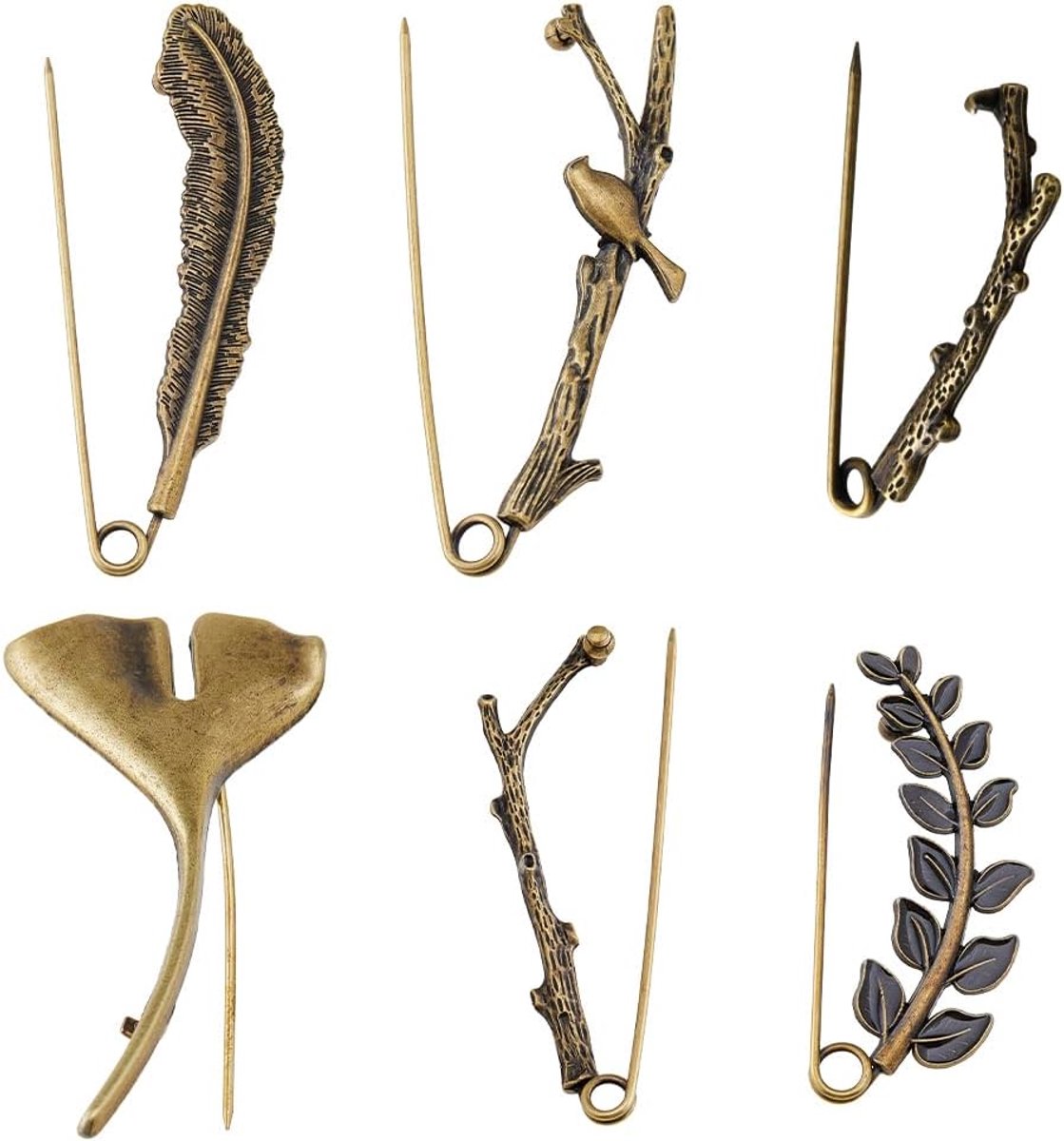 6 stuks extra grote decoratieve modieuze veiligheidsspelden 6 stijlen vintage broches van legering robuuste retro broches met boomblad-takken speld voor jurken rokken sjaals decoratie