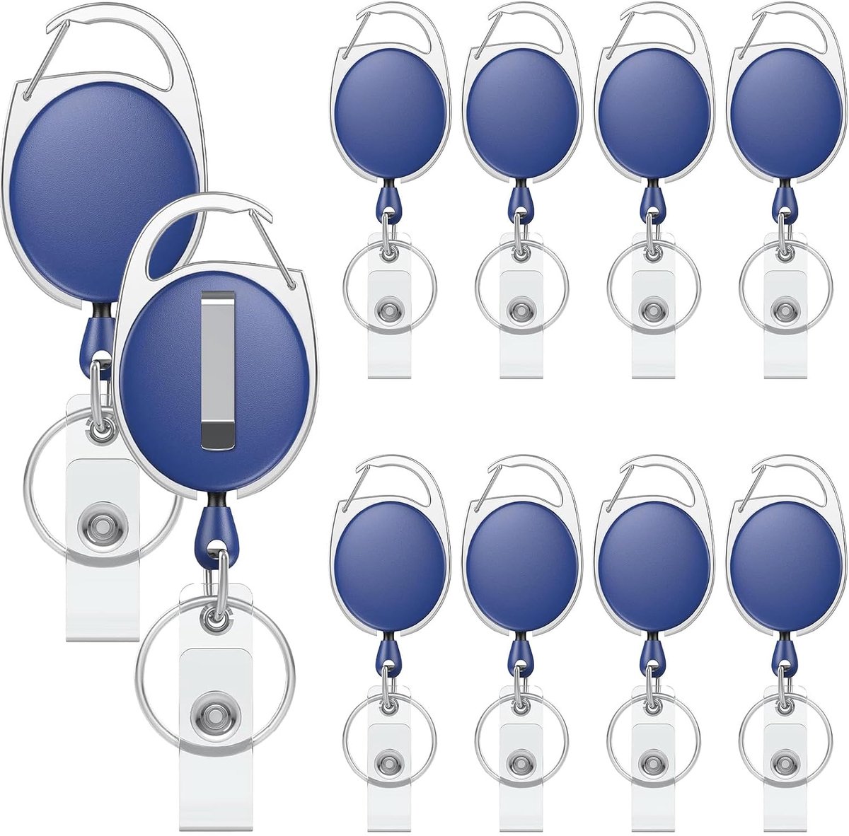 Set van 10 intrekbare badgehaspel voor badgehouder, blauwe zware intrekbare sleutelhanger, sterke ABS-behuizing met roestvrijstalen veerspoel 60 cm nylon touw karabijnhaak clip en