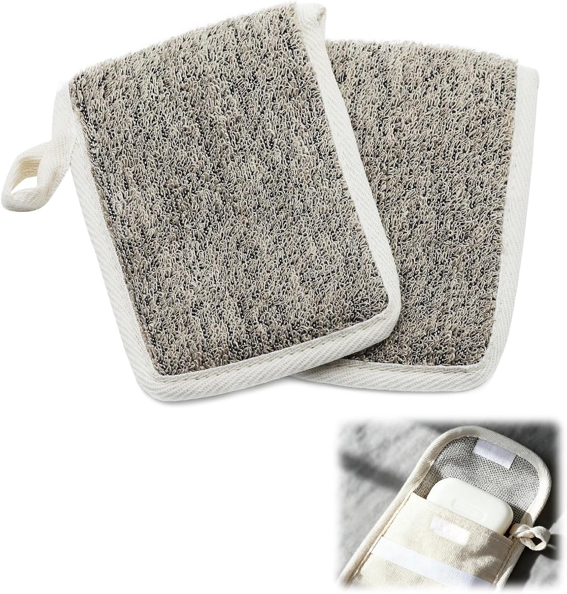Zeepzakjes van natuurlijk linnen, 2-pack Zeepzakjes met elastiek en hanger Zacht exfoliërend oppervlak Voor vaste zeep Geschikt voor op reis en douche, vervangt zeepdoos en zeepcontainer