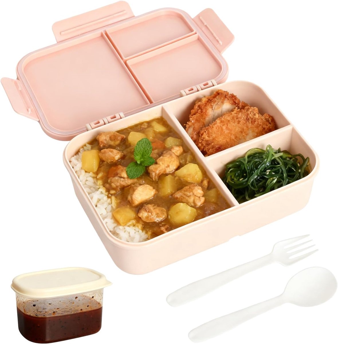Lunchbox met 3 vakken en lepel vork luchtdichte voedselcontainer met deksel lunchbox bento box lunchbox lunchbox broodtrommel roze