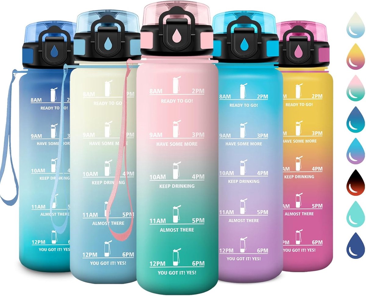 1 l, lekvrije waterfles, herbruikbare fles, waterfles met filter en tijdmarkeringen, BPA-vrij, motiverende drinkfles voor camping, school, kantoor, yoga