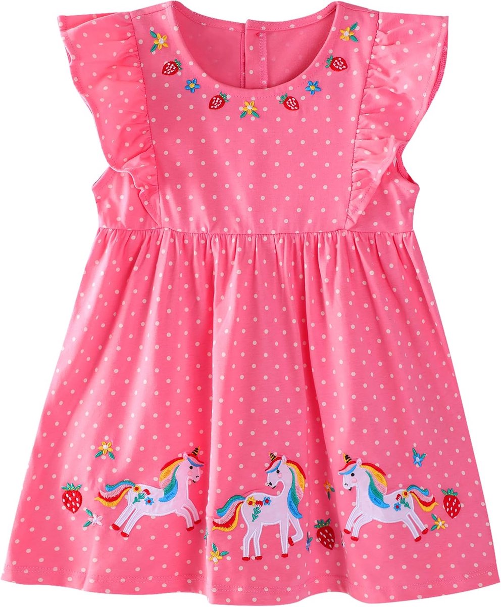Jurken Voor Meisjes Katoenen Lange/Vliegende Mouwen Herfstjurk Zomerjurk Eenhoorn Bloemen Vlinders Aardbei Borduurwerk Kinderjurken Polka Dot Meisjes Jurk Verjaardag Kinderkleding, Maat 90-140