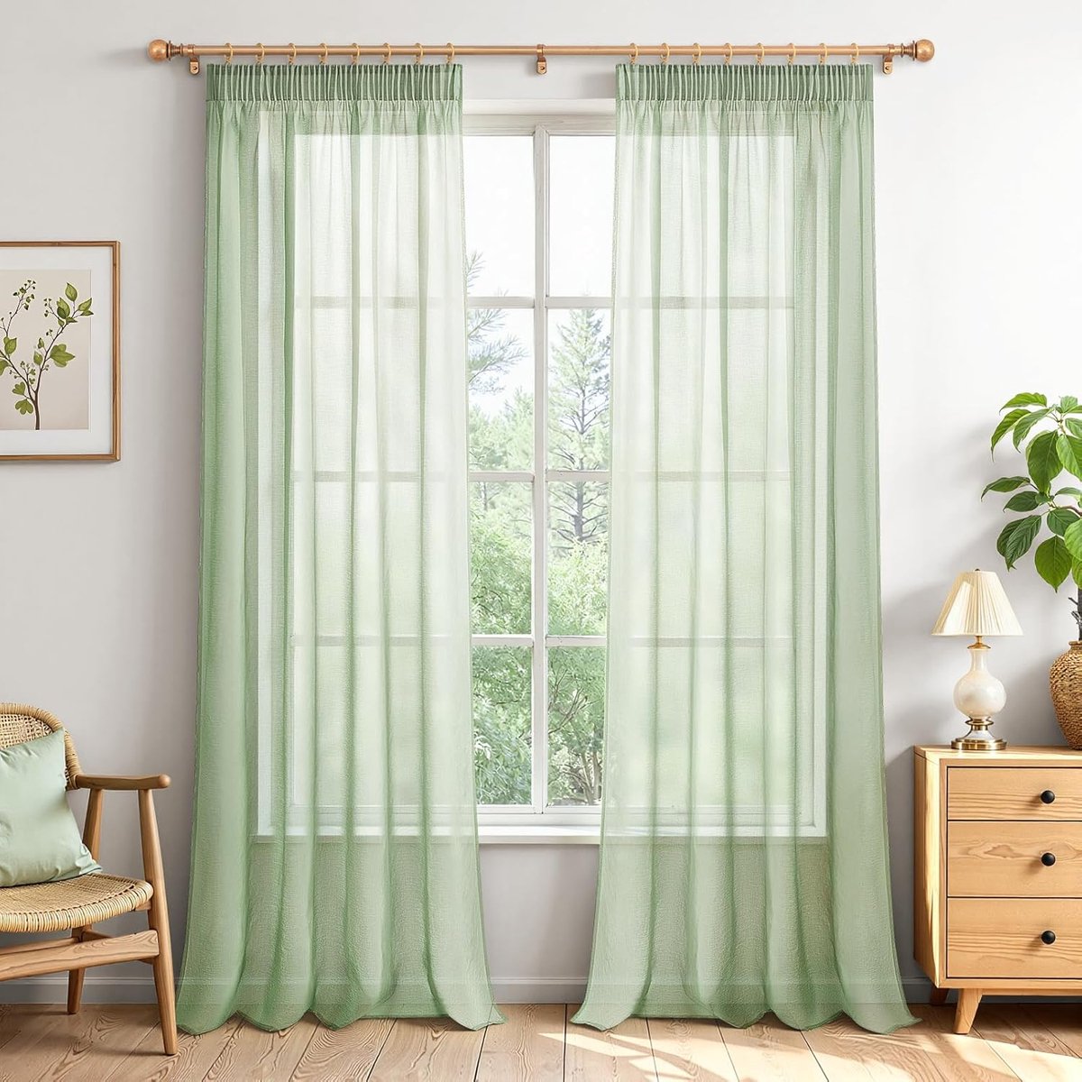 Gordijnen met ruchestape, slaapkamergordijnen, saliegroen, transparant, 245 x 140 cm (H x B), tab-top gordijnen, set van 2, linnenlook gordijnen voor woonkamer, slaapkamer, meisjes, jeugd