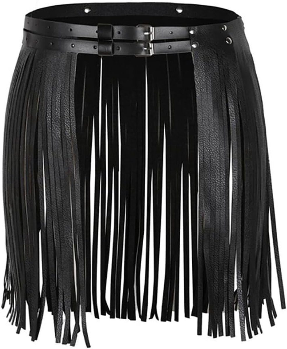 Fringe Rok Kunstleer Kwastjes Rok Mode Punk Rock Taille Riem Voor Clubwear Jurk Club Outfit 1st Zwart 72-90cm