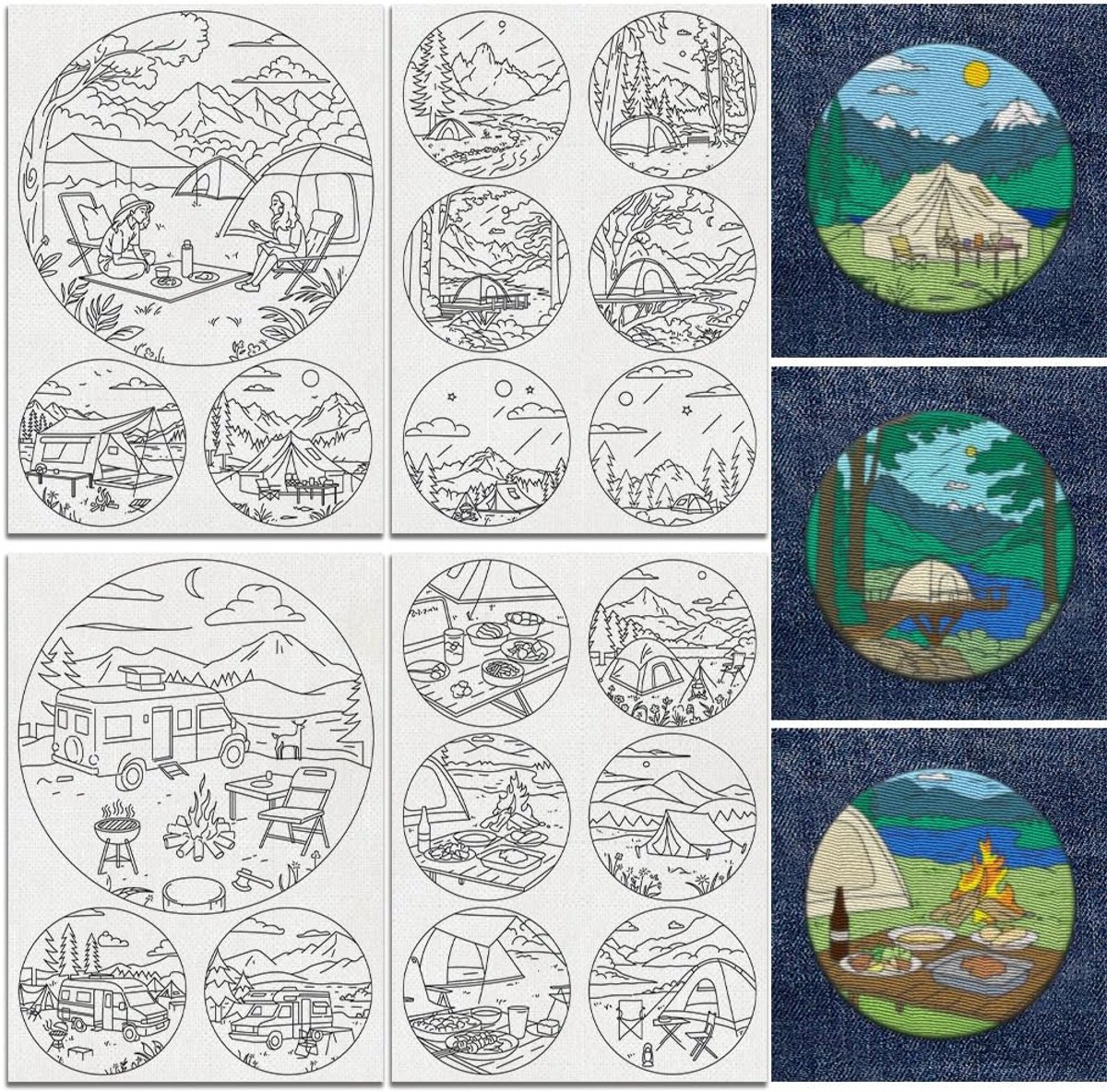 18 stuks outdoor camping borduursjablonen in water oplosbaar 21 x 29,7 cm borduurpatroon stabilisator met bergboom campingmotief 4 vellen RV picknick reizen borduurwerk papier stickers