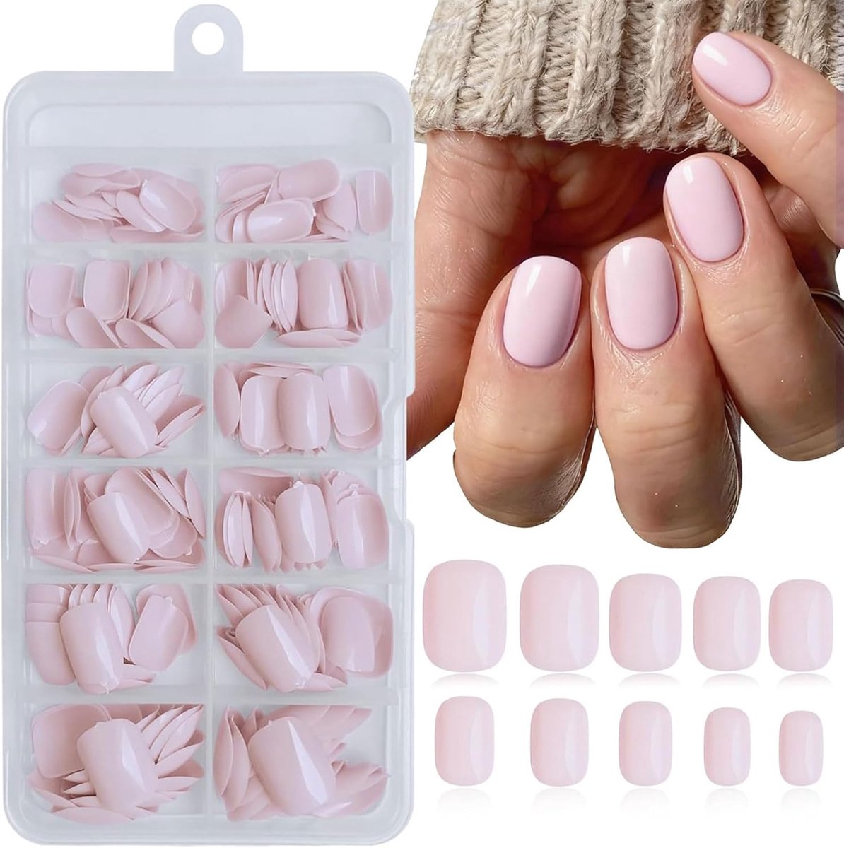 240 stuks lichtroze vierkante plaknagels korte kunstnagels vierkant volledige dekking acrylnagels met plakstrips