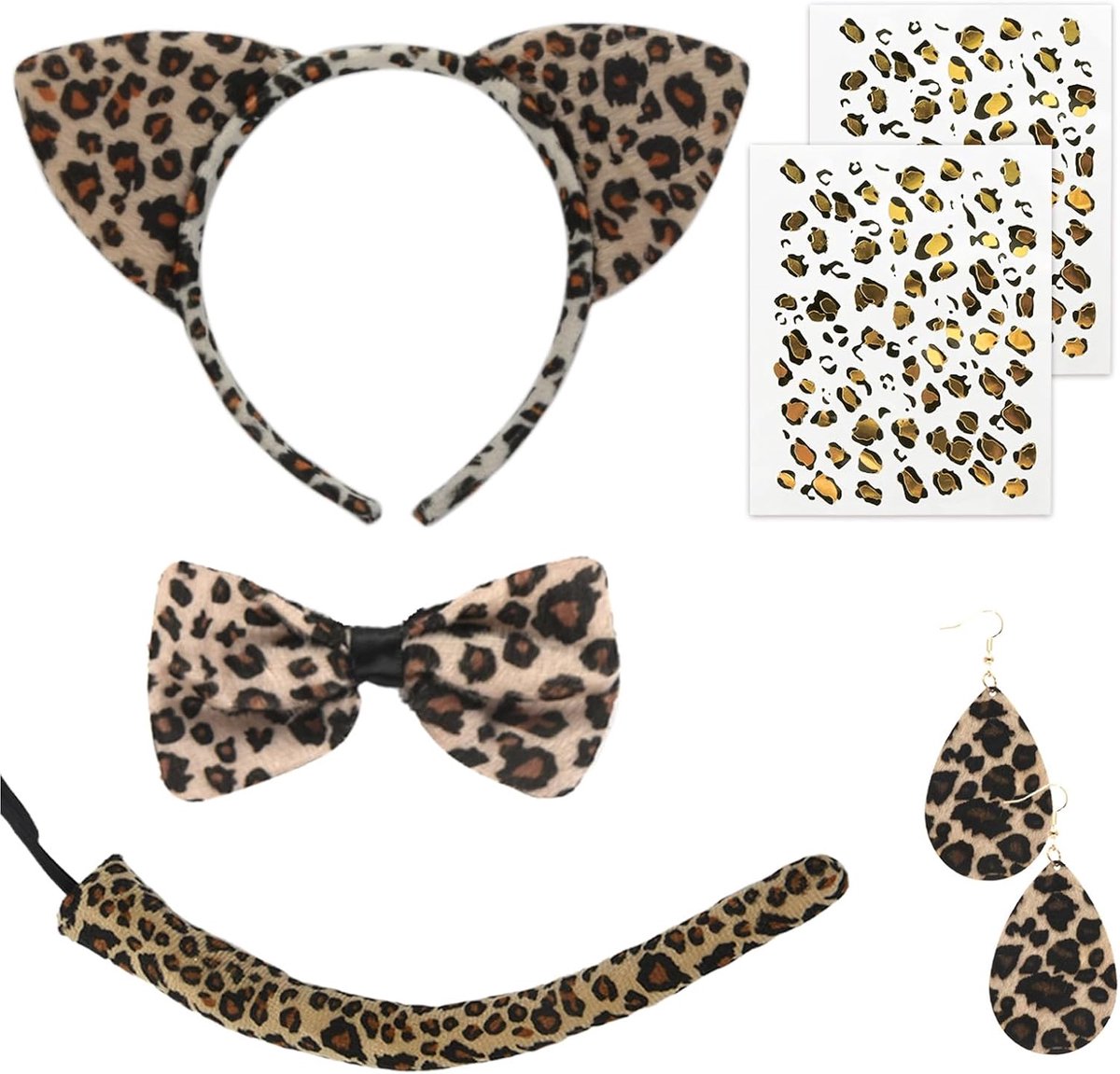 5-delige luipaardkostuumset, luipaard, tatoeage, gezicht, dier, luipaard, oren, hoofdband, staart, stropdassen, accessoires voor carnaval, cosplay kostuum