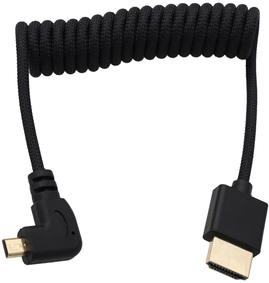 Linkerhoek Micro HDMI naar HDMI 8K 4K 60p opgerolde kabel voor Ninja V Monitor, Sony A7C R, Canon R6 mkII, XT30II, Lumix S9 Camera, Type A naar Type D, zwart gevlochten