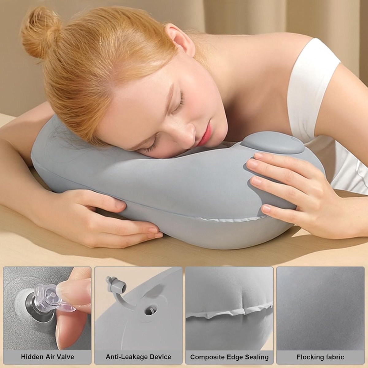 Opblaasbaar Kussen, Opblaasbaar Kampeer Kussen, Opblaasbaar Reiskussen, Ergonomisch Nekkussen, Strandkussen, Hoofdkussen Voor Slaapcomfort In de Auto, Het Vliegtuig, Op Het Strand Of Op Reis