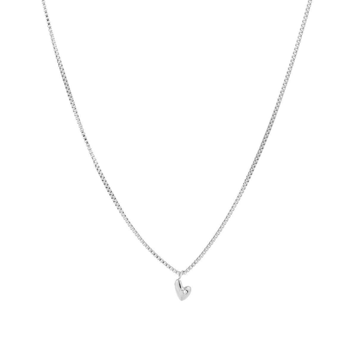 Puffed Heart Zirconia Gem Box Chain Necklace – Luxe Hart Ketting met Zirkonia – RVS - Zilver