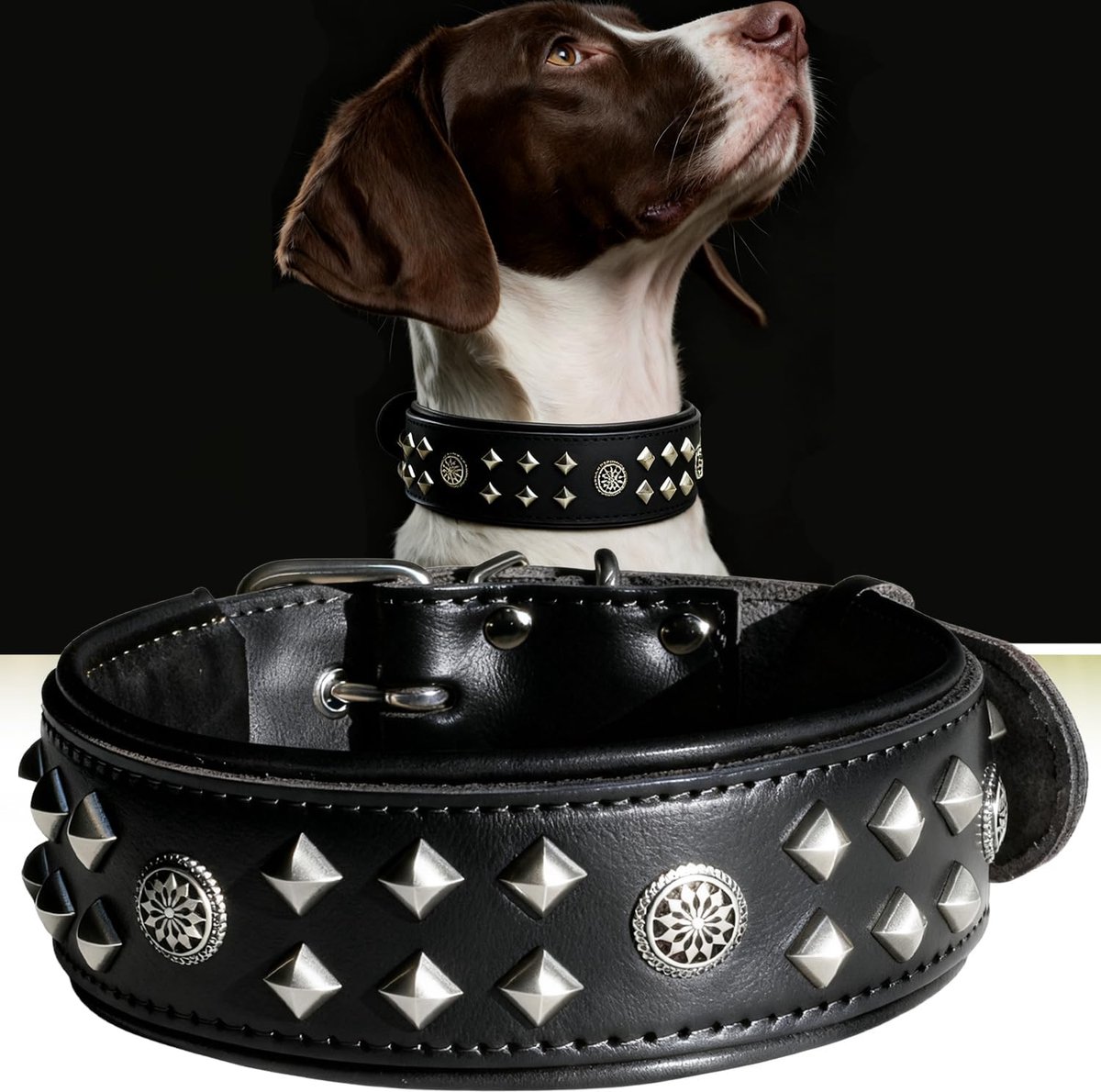 Hondenhalsband, leer, 5,6 cm breed, handgemaakt met klinknagels en roestvrijstalen gesp, voor dagelijks gebruik bij grote honden, zwart, 54,5-65 cm
