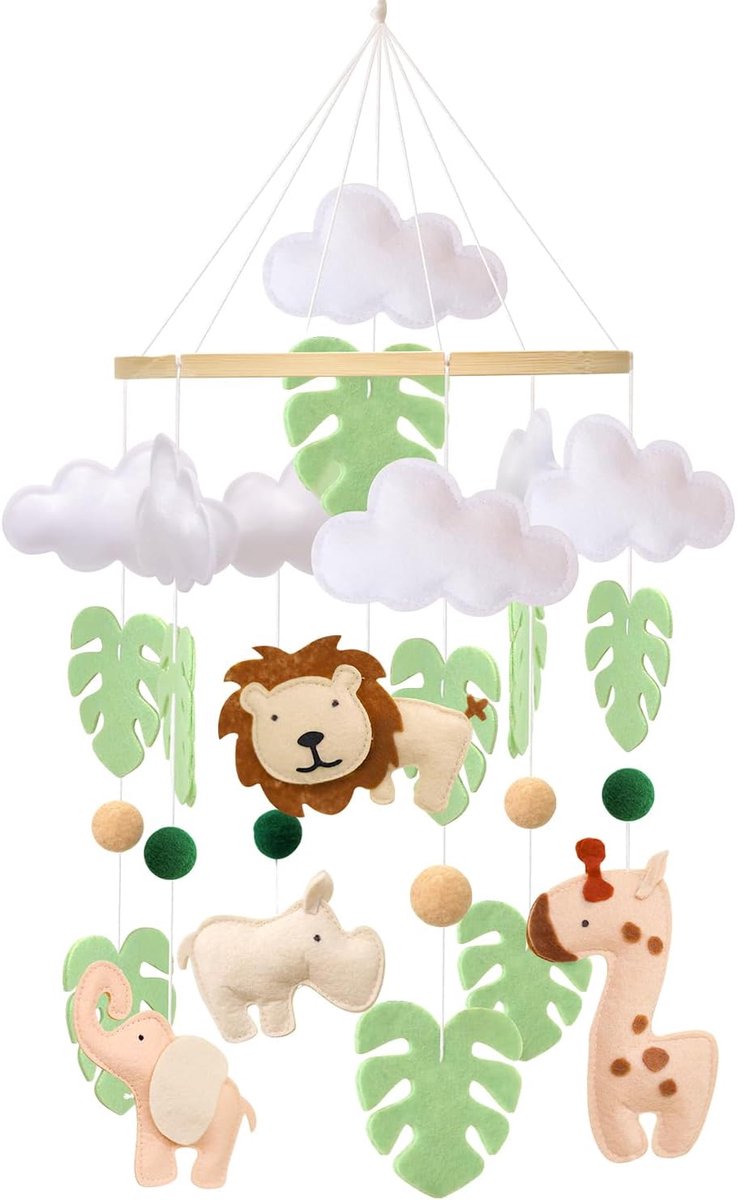 mobiel dier bedbelletje voor babybed – Jungle dieren baby mobiel met leeuw, olifant, giraf en nijlpaard – Kalmerend baby speelgoed voor babykamer, geschenk voor pasgeborenen (dier)