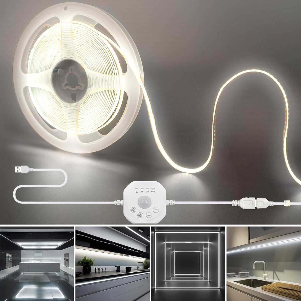 5V bewegingssensor dimmer 320LED bar light, dag of nacht 2 lichtstanden met instelbare vertraging en helderheid, 6.56FT/2M, koudwit 6500K, 8mm breedte, voor kasten, keukens