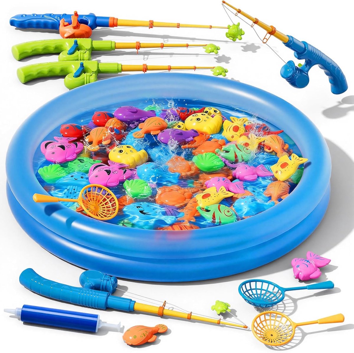 visspel met opblaasbaar zwembad, 60 drijvende vissen, 5 hengels en 3 netten, baden, zwembad, strand, outdoorspeelgoed, verjaardagscadeau voor kinderen vanaf 3 tot 8 jaar (70 stuks)
