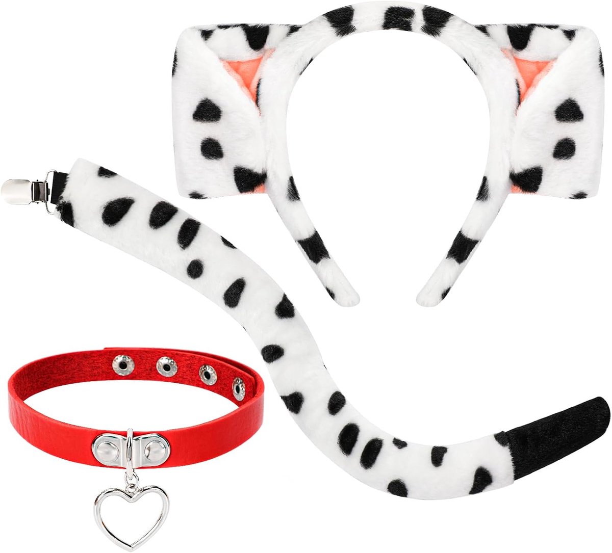 Dalmatisch dierenkostuum voor kinderen, set met hondenoren en staart, set met Dalmatische oren, hoofdband, hondenstaart en rode choker voor dierenkostuum, cosplay, verjaardag, wereldboekdag