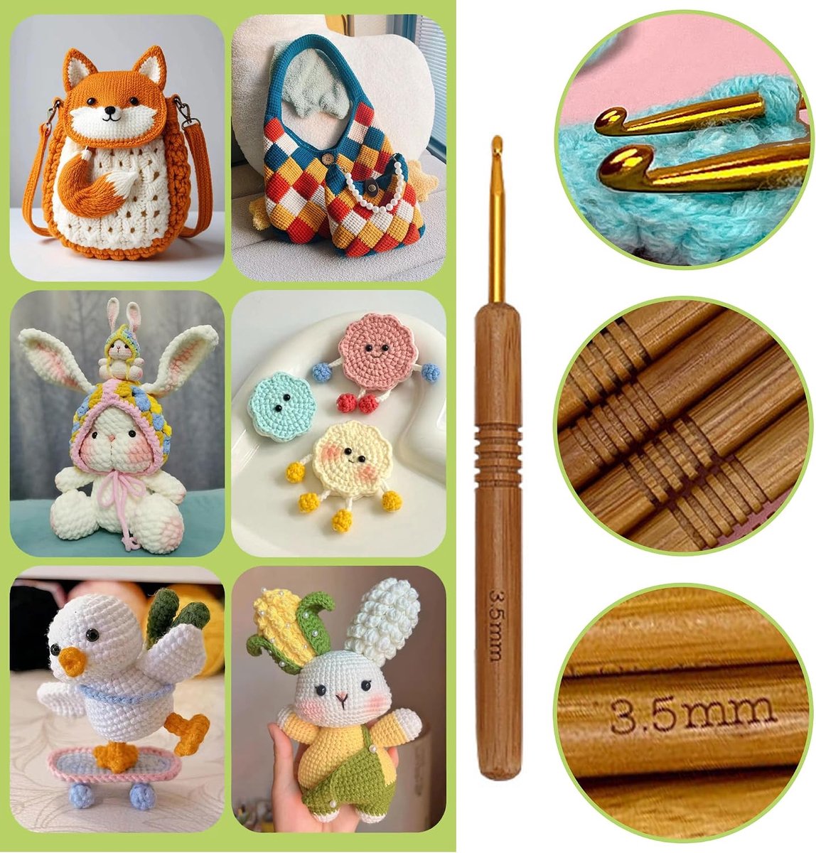 Haakset van bamboe, hout, haaknaalden voor breien, katoen, zijde, accessoires, haken, katoen, wol, ideaal voor beginners, experts (bruin B)