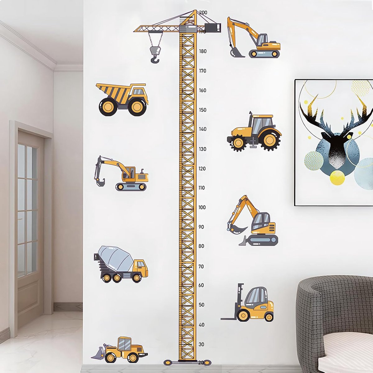 Muurstickers voor kinderen, hoogtediagram, zelfklevende bouwvoertuigen, wandtattoos, wanddecoratie voor kinderkamer, babykamer, speelkamer (80 x 200 cm) (B)
