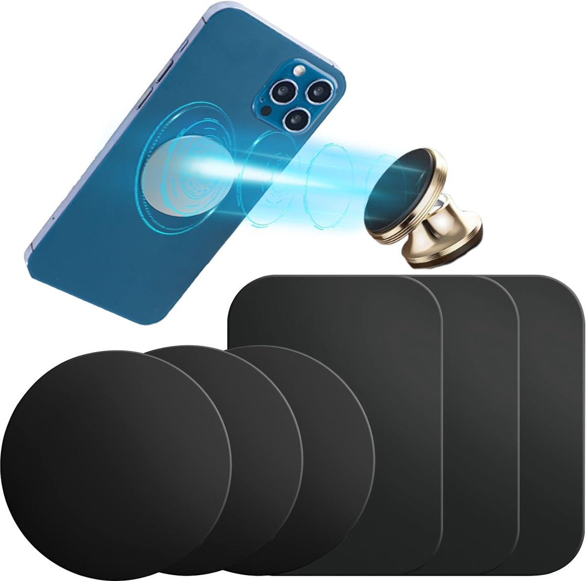 6 stuks metalen platen mobiele telefoon, dunne metalen plaat, metalen plaatjes, zelfklevende set, rechthoekig en ronde metalen plaat voor magneten, auto-accessoires, mobiele telefoonhouder