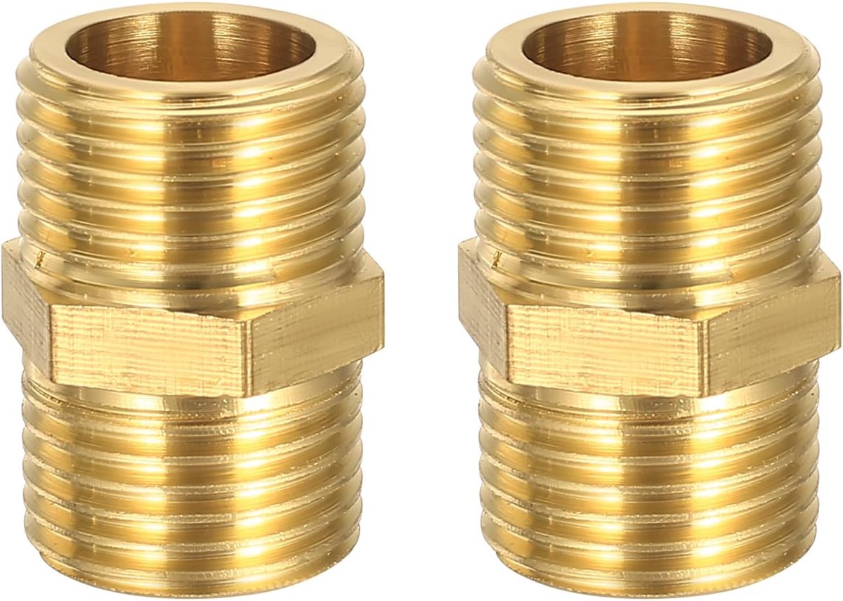 2 stuks dubbele nippel 1/2 inch messing buitendraad, dubbele nippel G1/2", verbindingsstuk schroefdraadfitting 1/2 inch messing fittingen zeskant geschikt voor verwarming