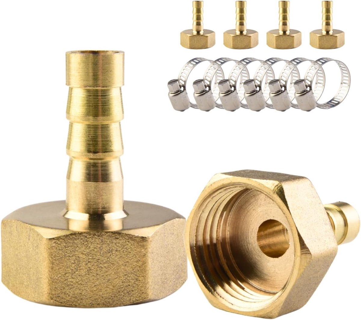 messing slangkoppeling, 6 x 8 mm aansluiting × 1/2" binnendraad pijpkoppeling, compleet met 6 slangklemmen, geschikt voor het aansluiten van gas, water en brandstof.