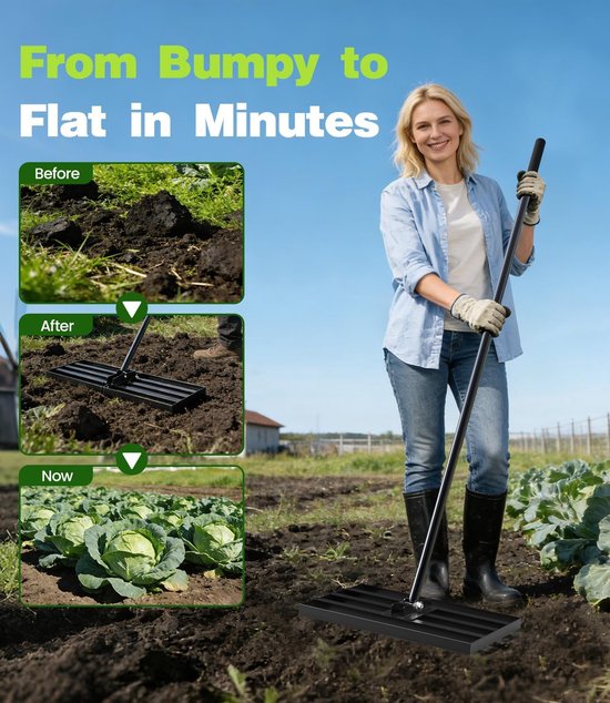 Leveling Rake gazonbeluchter en zandstrooier met smalle rand, roestvrij door poedercoating, 210 x 43 x 30 cm, ideaal voor tuin, golfbaan en landschapsarchitectuur — afbeelding 2