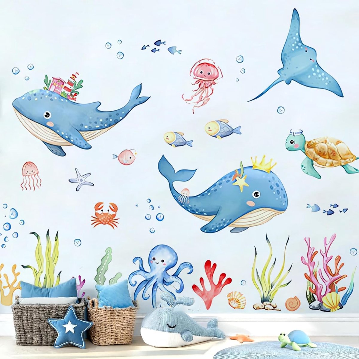 muursticker zee sticker oceaan grote onderwaterwereld zeedieren 3D muursticker badkamer geschikt voor kinderkamer badkamer wanddecoratie waterdicht en vochtbestendig