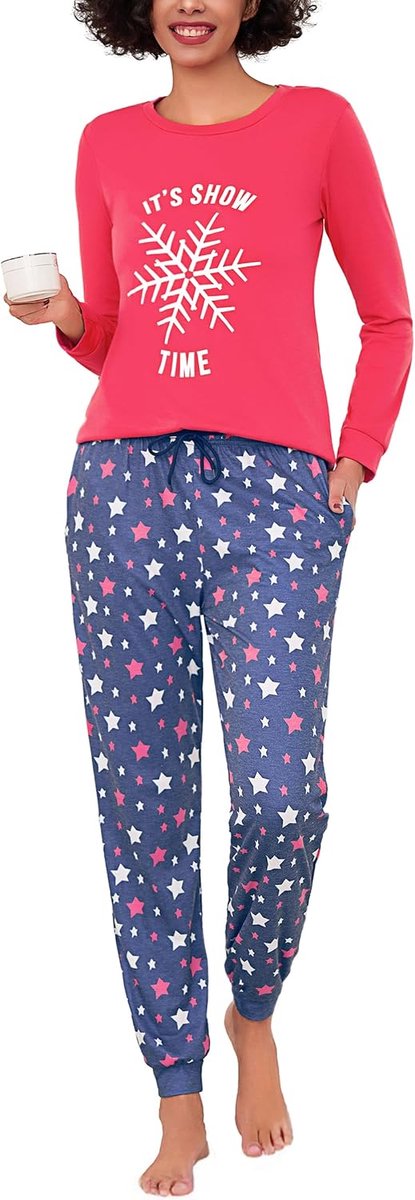 Pyjama voor dames, lang, geruit, pyjamaset met korte mouwen, katoen, winter, nachtkleding, vrouwen, geruite pyjamabroek, rozerood, M
