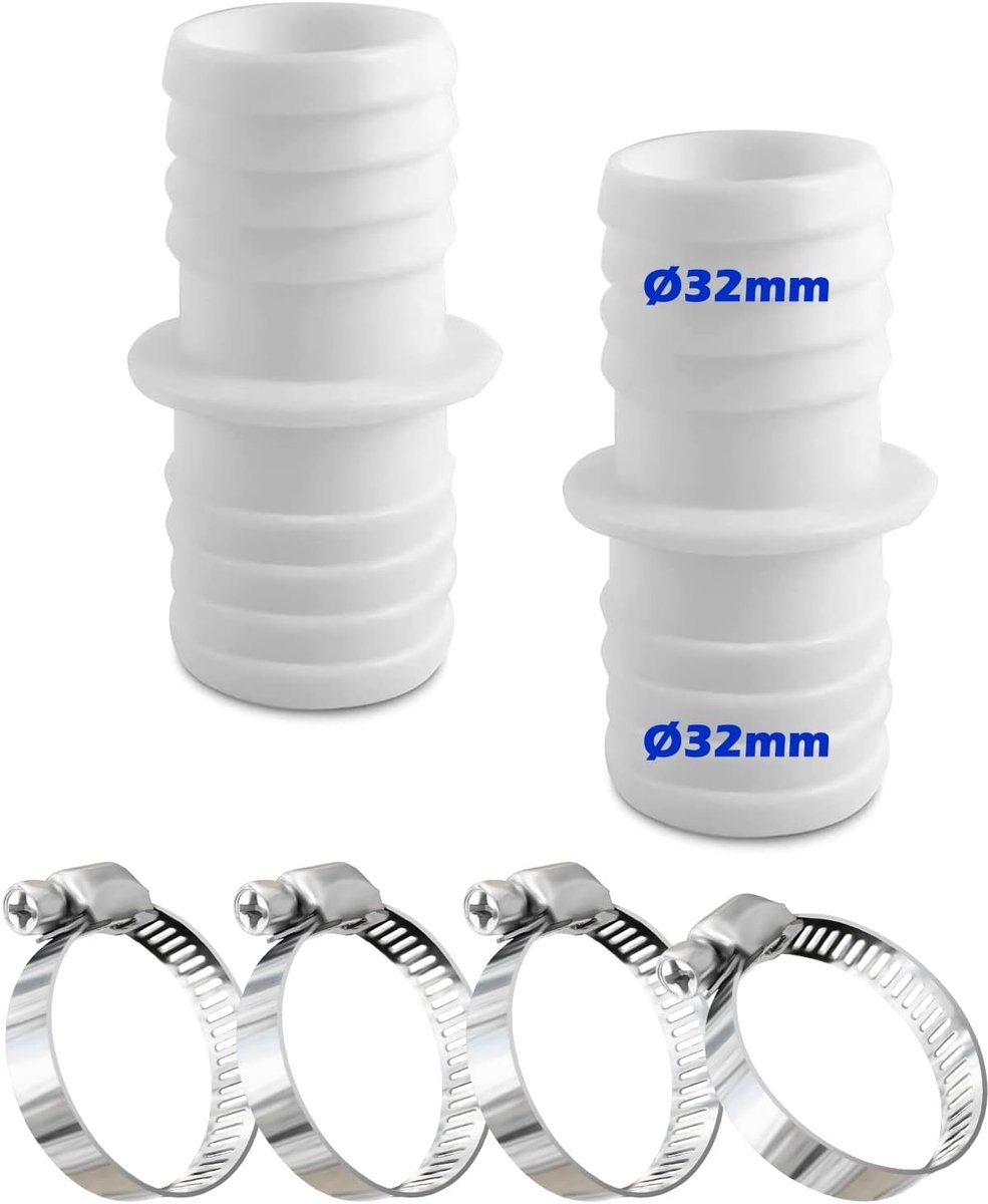 32 mm, set met 4 stuks roestvrijstalen slangklemmen, witte zwembadslangadapter, slangadapter, dubbele slangtuit (2 stuks)