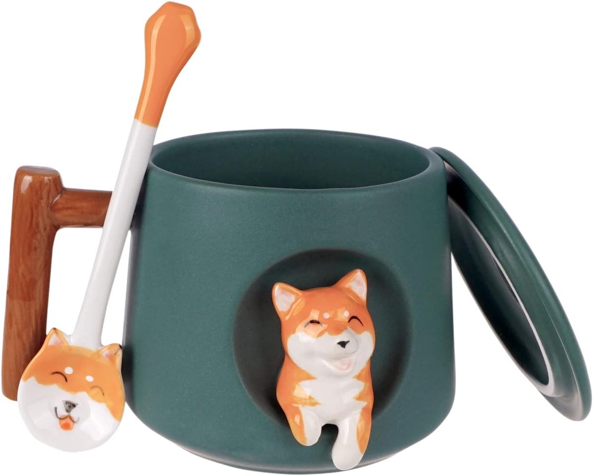 Shiba Inu mok met deksel en lepel | Honden koffiemok | Steengoed | 380 ml | Kleur: blauwgroen