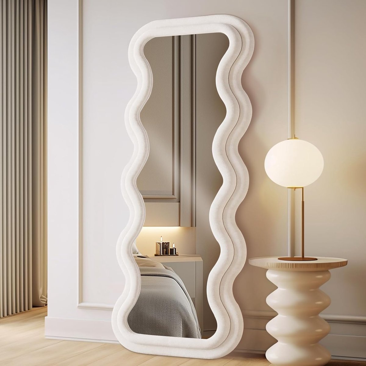 Spiegel op volledige lengte 160x60 CM Golvende spiegel voor het hele lichaam wandgemonteerd vloerspiegel met standaard ivoor flanel frame leunend hangend muur voor slaapkamer entree