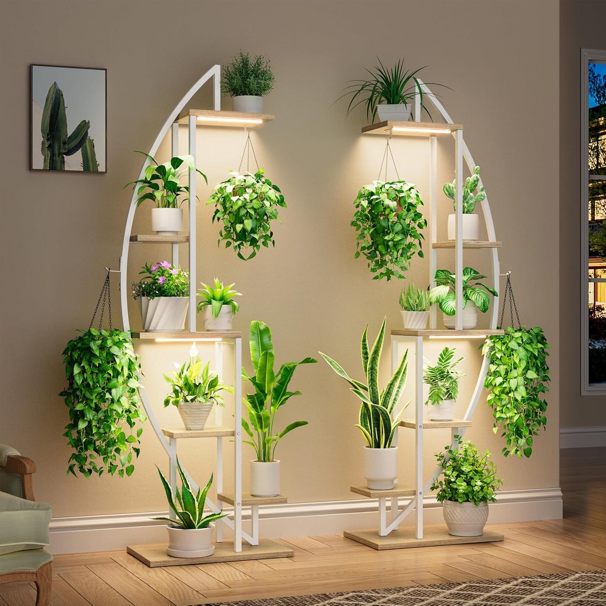 Plantenstandaard voor binnen met groeilampen, 6 niveaus, hoog plantenrek, 160 cm, metaal, plantenstandaard voor kamerplanten, meervoudig, halfmaanvormig plantenrek,