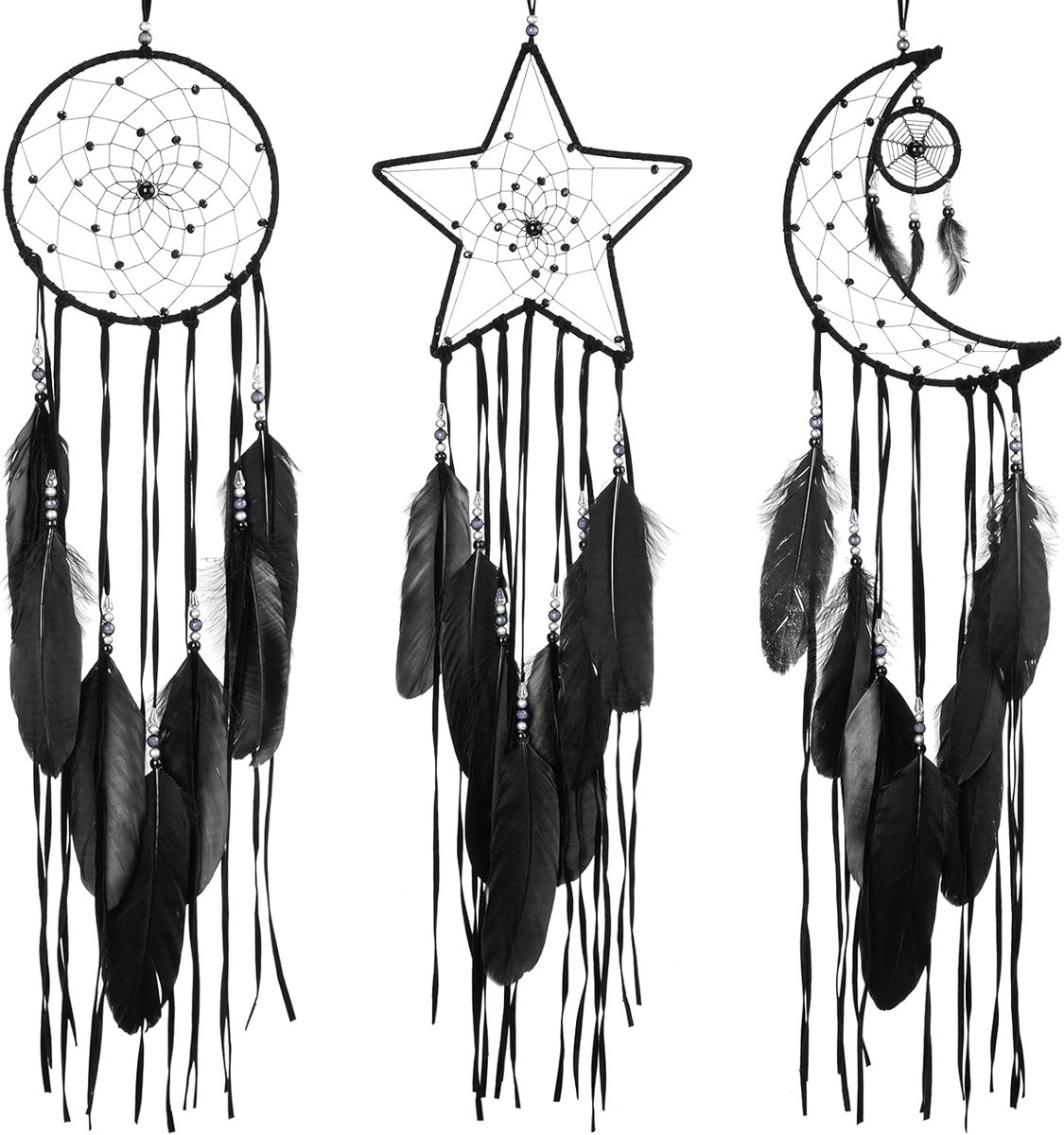 3-delige dromenvanger Halloween ster design zon maan traditioneel design handgemaakt voor woondecoratie hangend aan de muur (zwart)